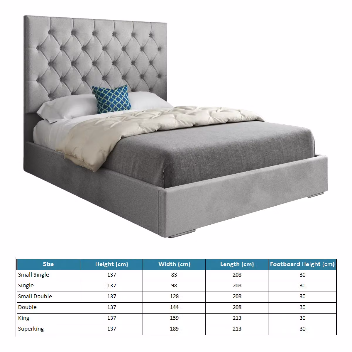 KDMD Alma Chesterfield Upholstered Velvet Bed Frame in Grey, W/D/H: 120 x 200 cm – 4