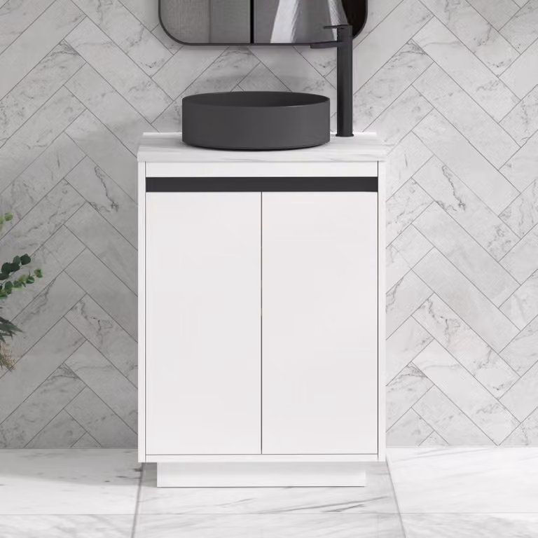 Royal Bathrooms Orion 600mm Matt White Floor Standing Countertop Vanity Unit with 2 Soft Close Doors, Art Round Basin and Black Accent Trim