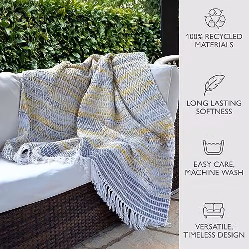 Allure Home Fashions Luxury Herringbone Throw Blanket with Tasseled Fringe, Yellow and Multicolour, W/D/H: 125 x 150 cm – 3