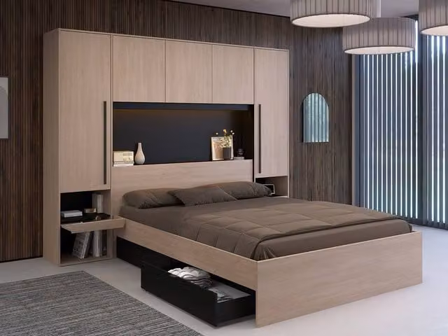 Vente-unique Double Bed Base with Overbed Storage Unit and LED Lighting in Black and Natural Wood Finish, W/D/H: 160 x 200 cm – 1