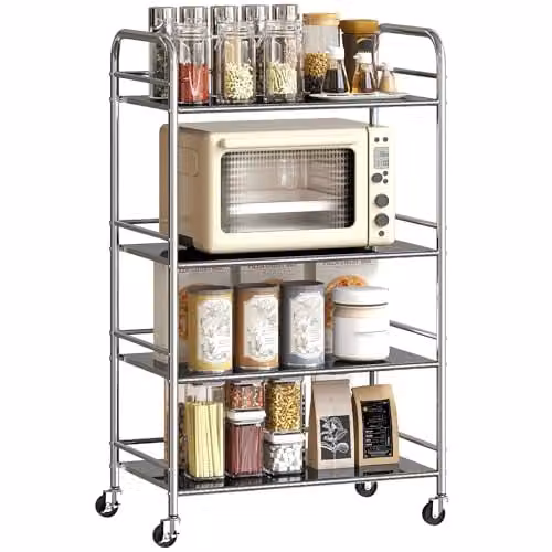 HOMCOM 4 Tier Stainless Steel Storage Trolley with Adjustable Shelves and Castors, Silver, W: 60.0 cm, D: 35.0 cm, H: 100.0 cm
