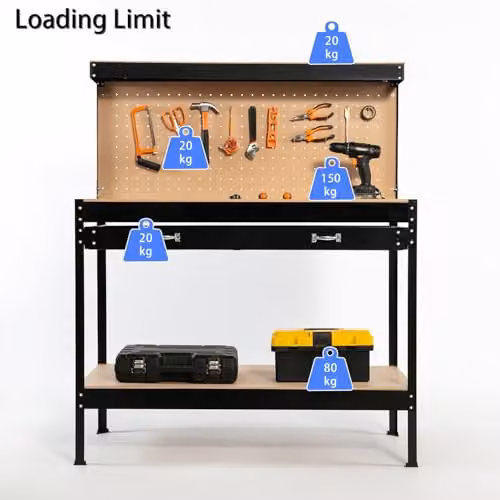 SwitZer Black Steel Garage Workbench with Drawers, Pegboard and Shelf – 4