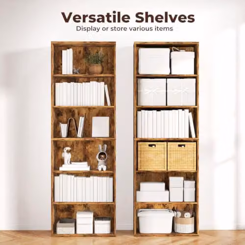Levede 6-Tier Wooden Bookcase with Adjustable Shelves, Brown, H 178.5 cm x W 24 cm x D 24 cm – 5