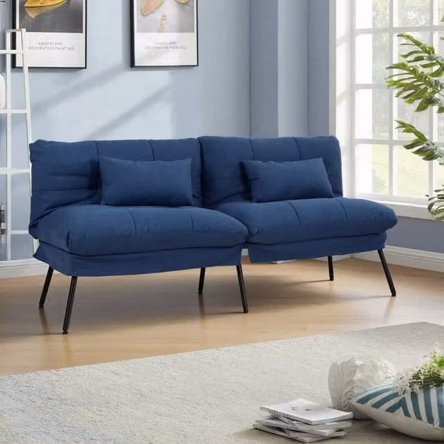 KORVIXA Blue 3 Seater Fabric Sofa Bed with Adjustable Headrest and Sleeping Function