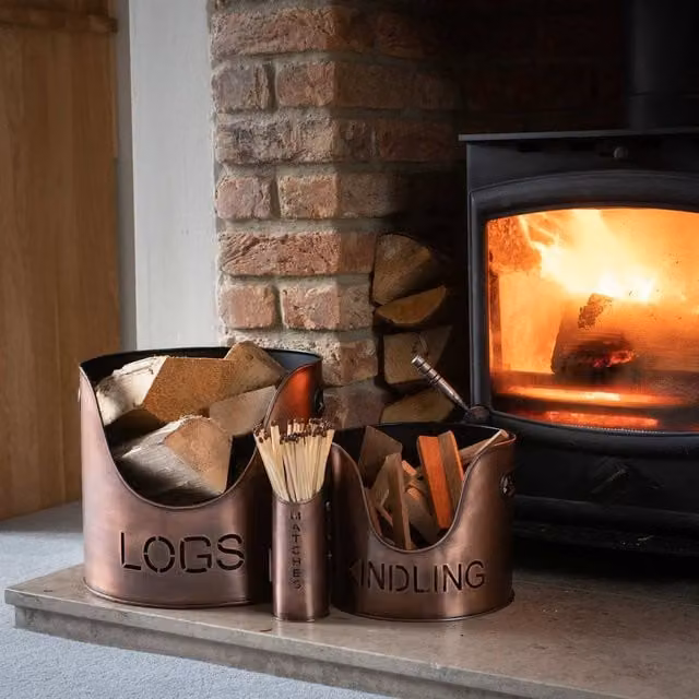 Hill Interiors Three Piece Copper Metal Fire Wood Bucket Set