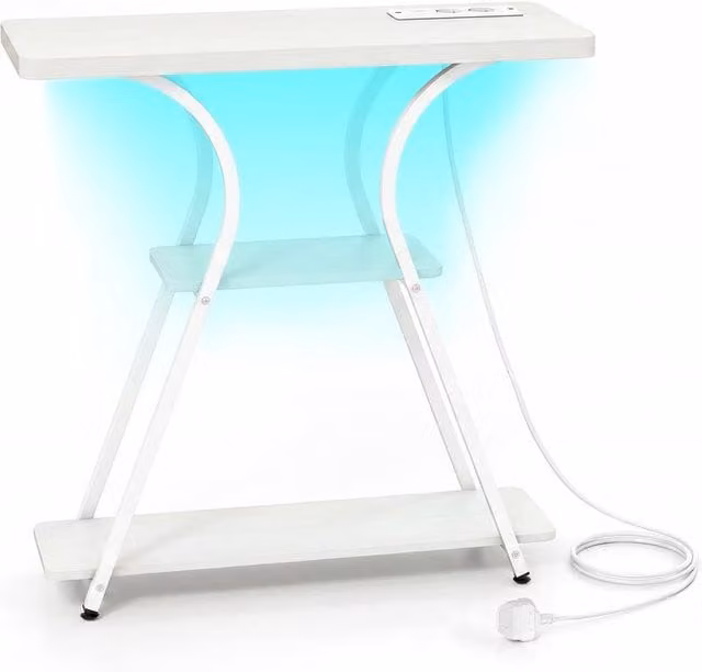 Costway 3-Tier Industrial Console Table with LED Lights and Power Outlets in White – 1