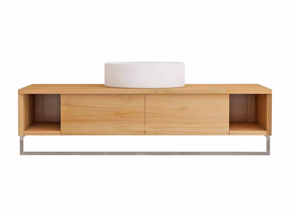 Vente-unique Suspended Teak Bathroom Vanity Unit with Towel Rail and Round Ceramic Basin in Light Oak and Beige – 2