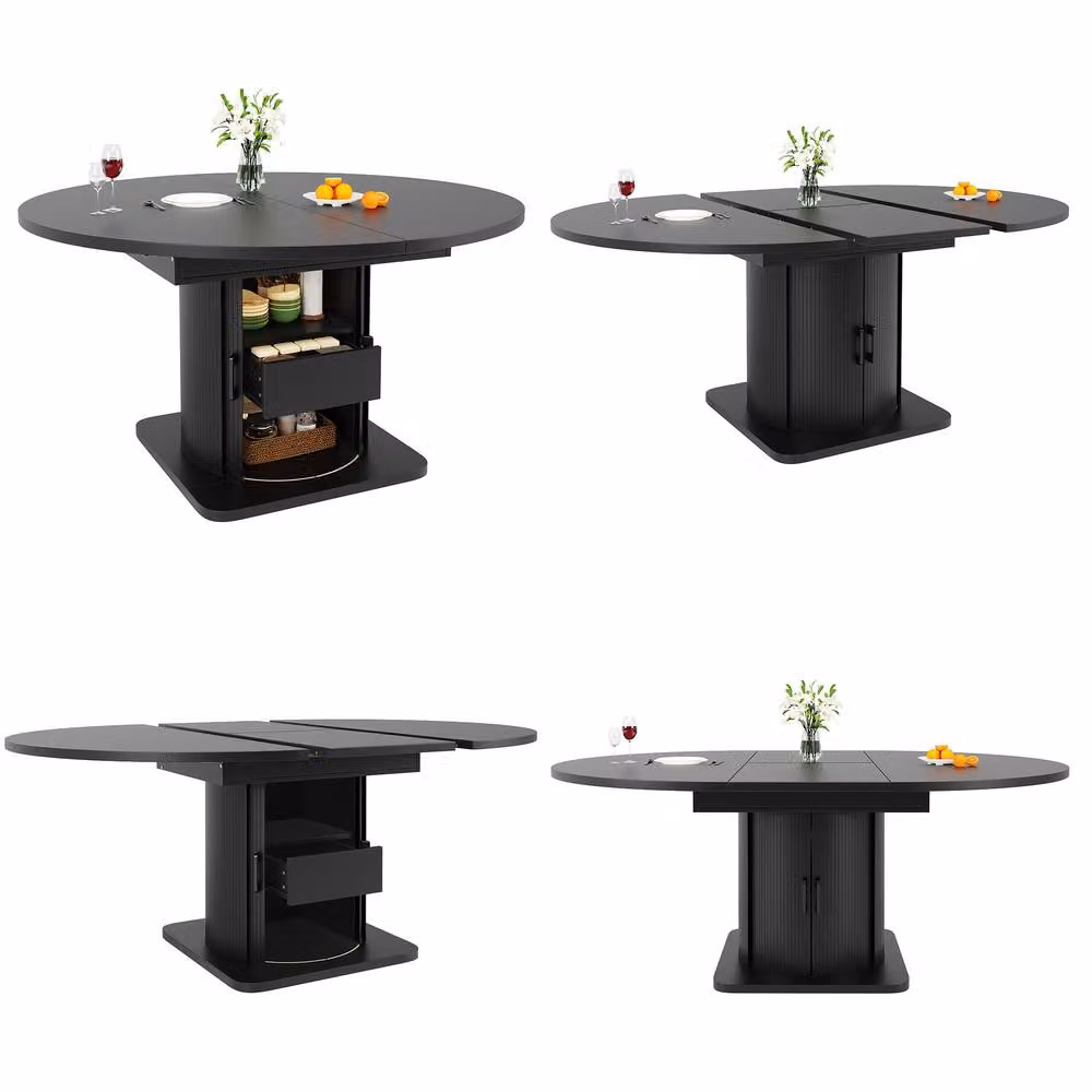 BTM Extendable Round to Oval Dining Table with Storage Drawers in Black, W/D/H: 118 x 76 x 75 cm – 5