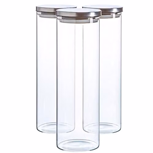 Argon Tableware Scandi Airtight Glass Storage Jars with Metal Lids, 2 Litre, 3 Pack, Silver and Transparent