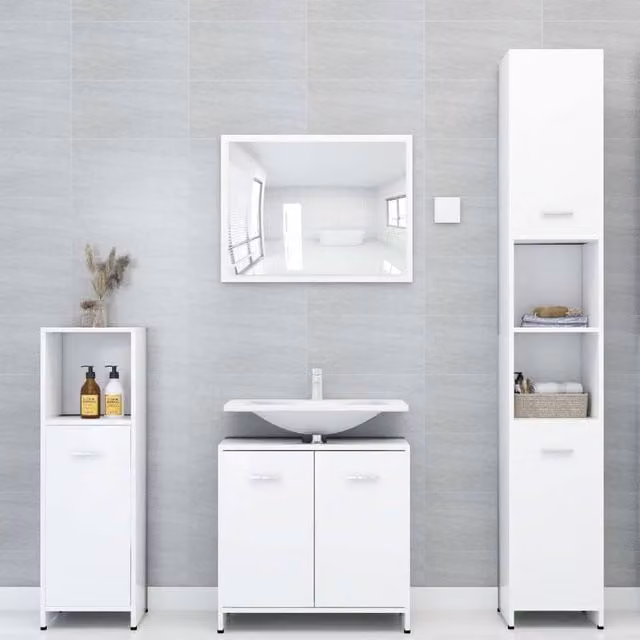 Berkfield Home 4 Piece Modern White MDF Bathroom Furniture Set Including Tall Cabinet, Wall Cabinet, Vanity Unit and Mirror Cabinet