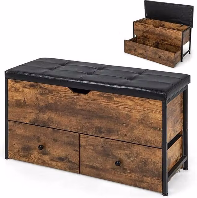 VOGREX Brown Synthetic Leather Flip Top Storage Ottoman with 2 Drawers and Padded Top – 1