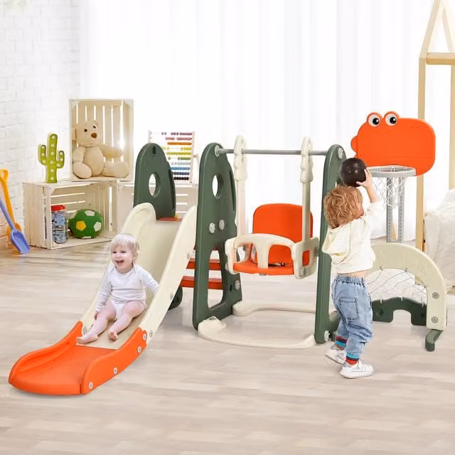 Costway 5 in 1 Orange Plastic Climber Slide Playset with Swing and Climbing Frame