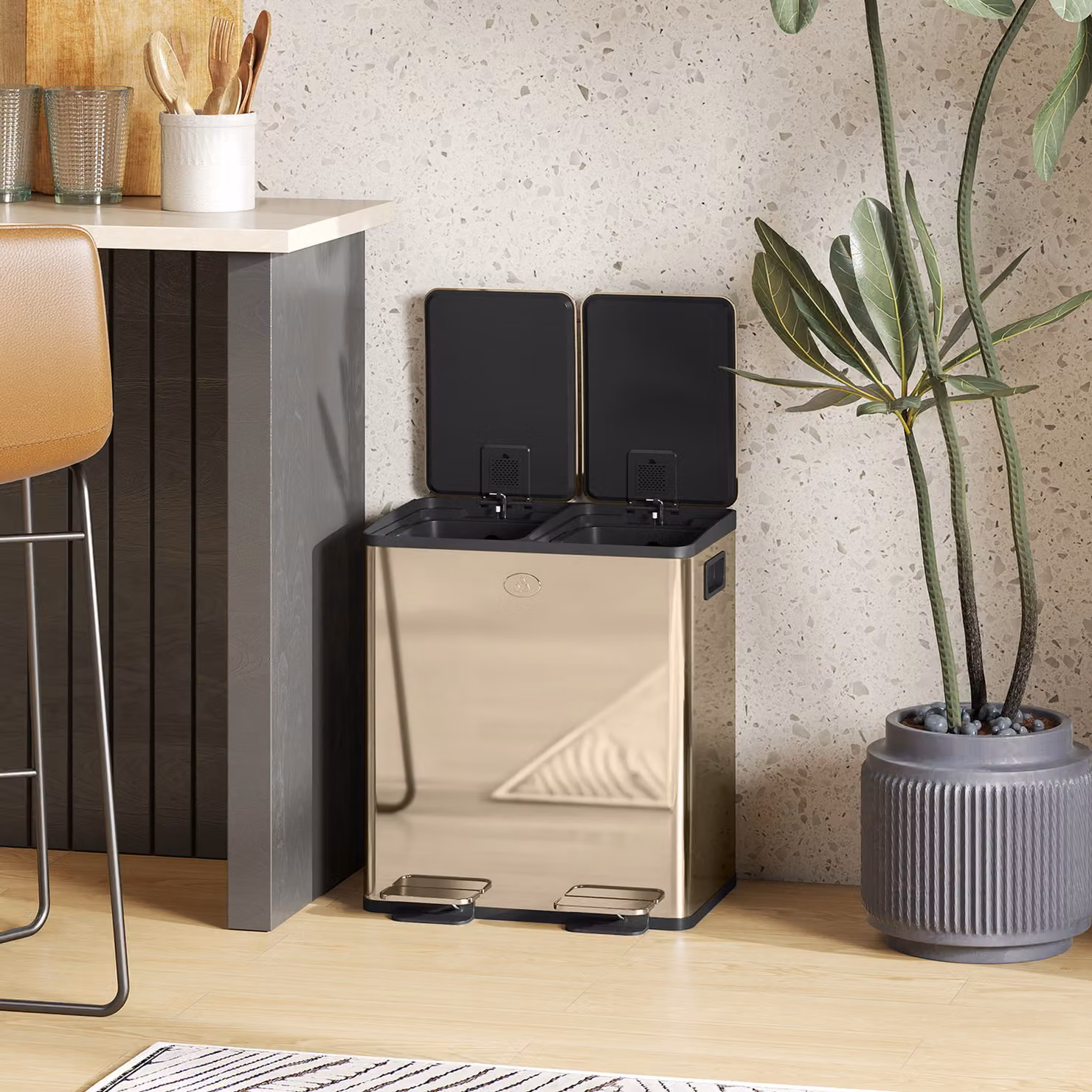 HOMCOM 40L Dual Compartment Stainless Steel Pedal Bin with Deodoriser Holders, Gold Tone – 5
