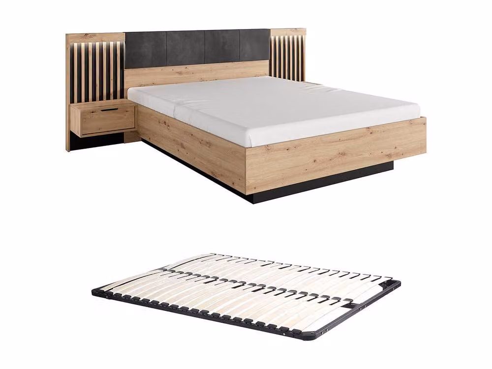 Vente-unique Modern Double Bed with Bedside Tables and Under-bed LED Lighting, Black and Brown, W/D/H: 160 x 200 x 240 cm – 2