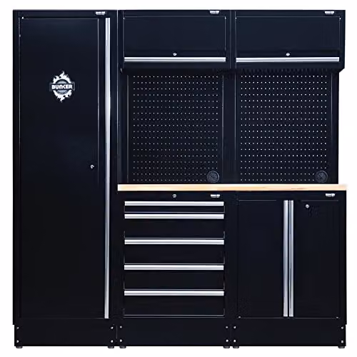 Draper BUNKER 04488 Modular Storage Combo with Hardwood Worktop, 11-Piece Black Steel and Wood Lockable Unit