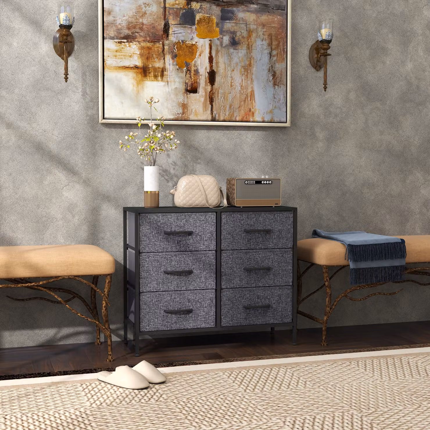 HOMCOM Industrial Fabric Chest of Drawers with 6 Drawers, Steel Frame and Wooden Top, Black/Grey, W/D/H: 62.5 x 80.0 x 1.0 cm – 2