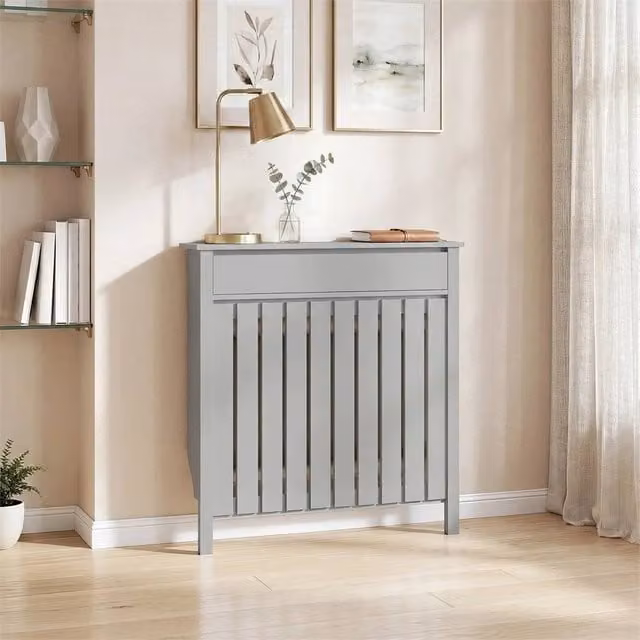 Nordara Radiator Cover with Drawer and Vertical Slats in Grey, W: 93 cm, H: 88.5 cm, D: 19 cm