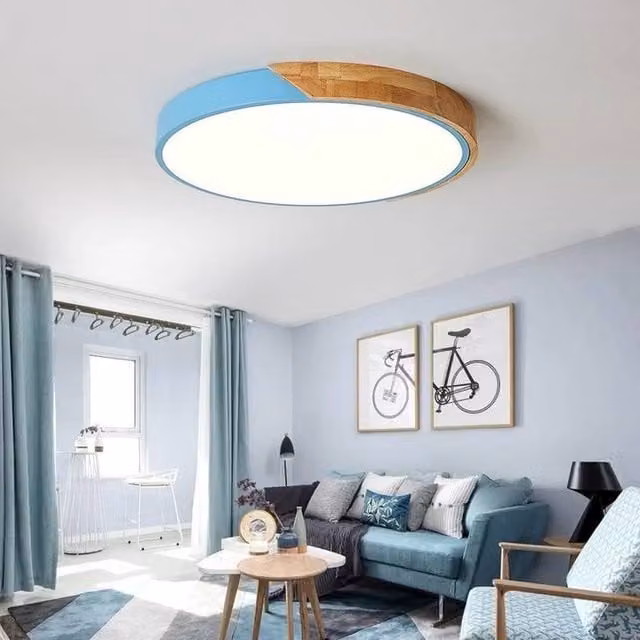 EONLION Modern Round LED Flush Ceiling Light, 24W, Cool White, Blue and Wood Finish