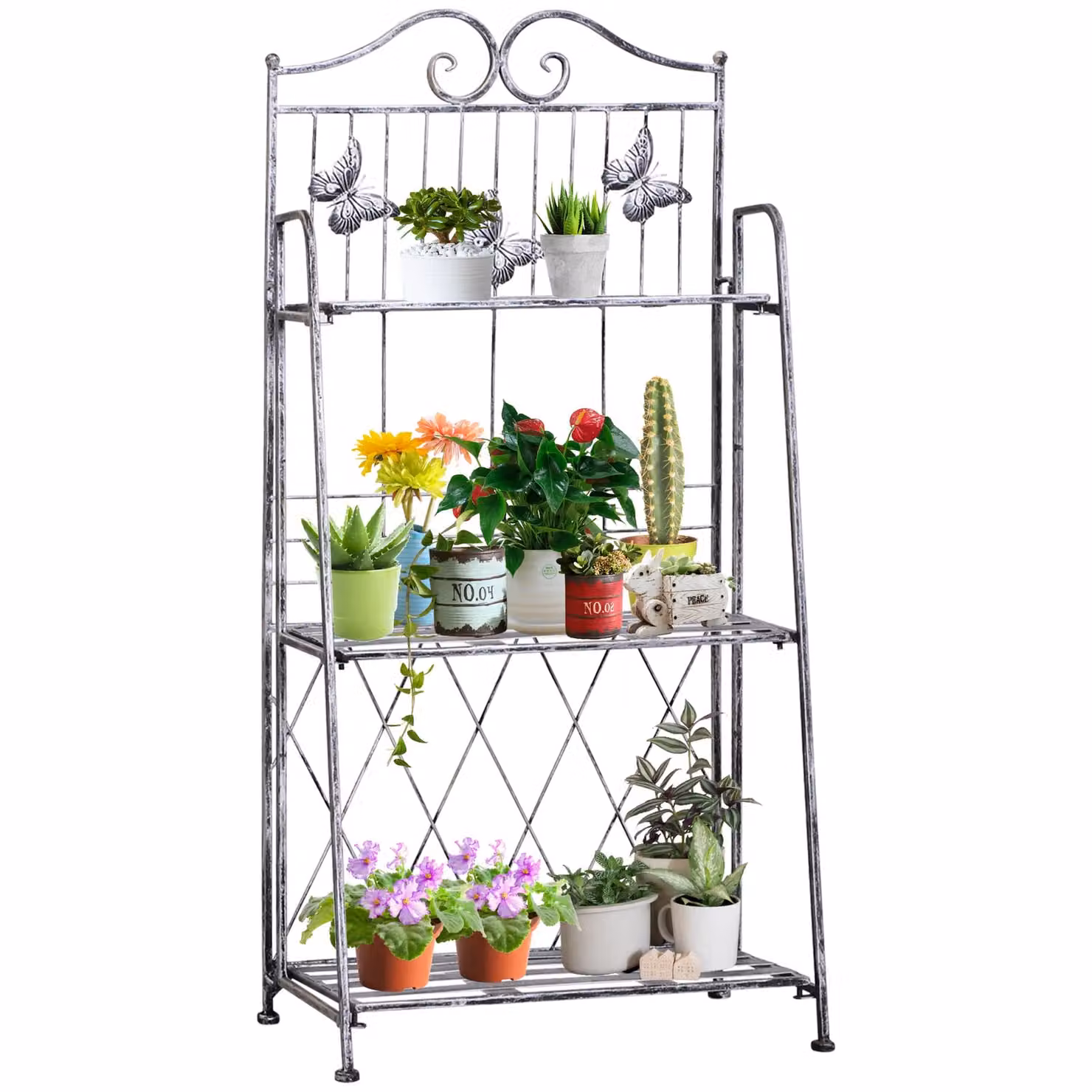 Outsunny 3 Tier Metal Folding Plant Stand for Garden, Terrace or Balcony, Silver Grey – 2