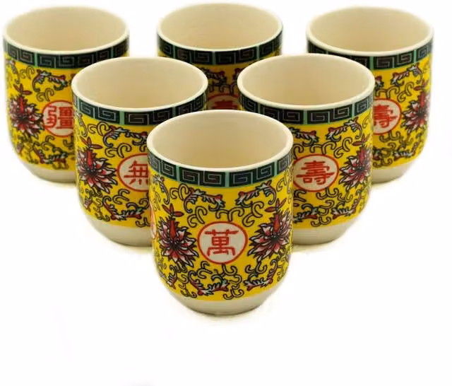 KDMD Ceramic Herbal Tea Cup Set with Long Life Oriental Design in Yellow, 6 Pieces