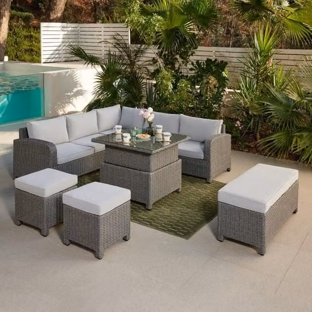 Home Detail Hadley 5 Seater L-Shape Grey Polyrattan Garden Sofa Set with Outdoor Coffee Table and Cushions