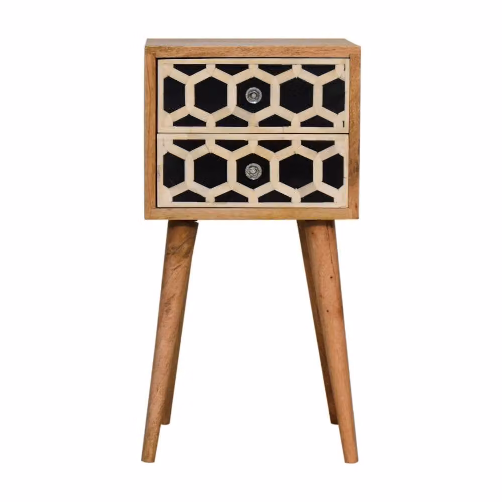 Wyld Haus Valeggio Mini Mango Wood Bedside Table with Bone Inlay and 2 Drawers in Brown – 2