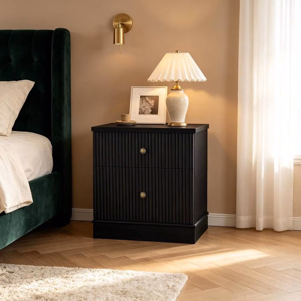 London Boutique Modern Fluted Bedside Cabinet in Black with 2 Drawers and Shelf – 2