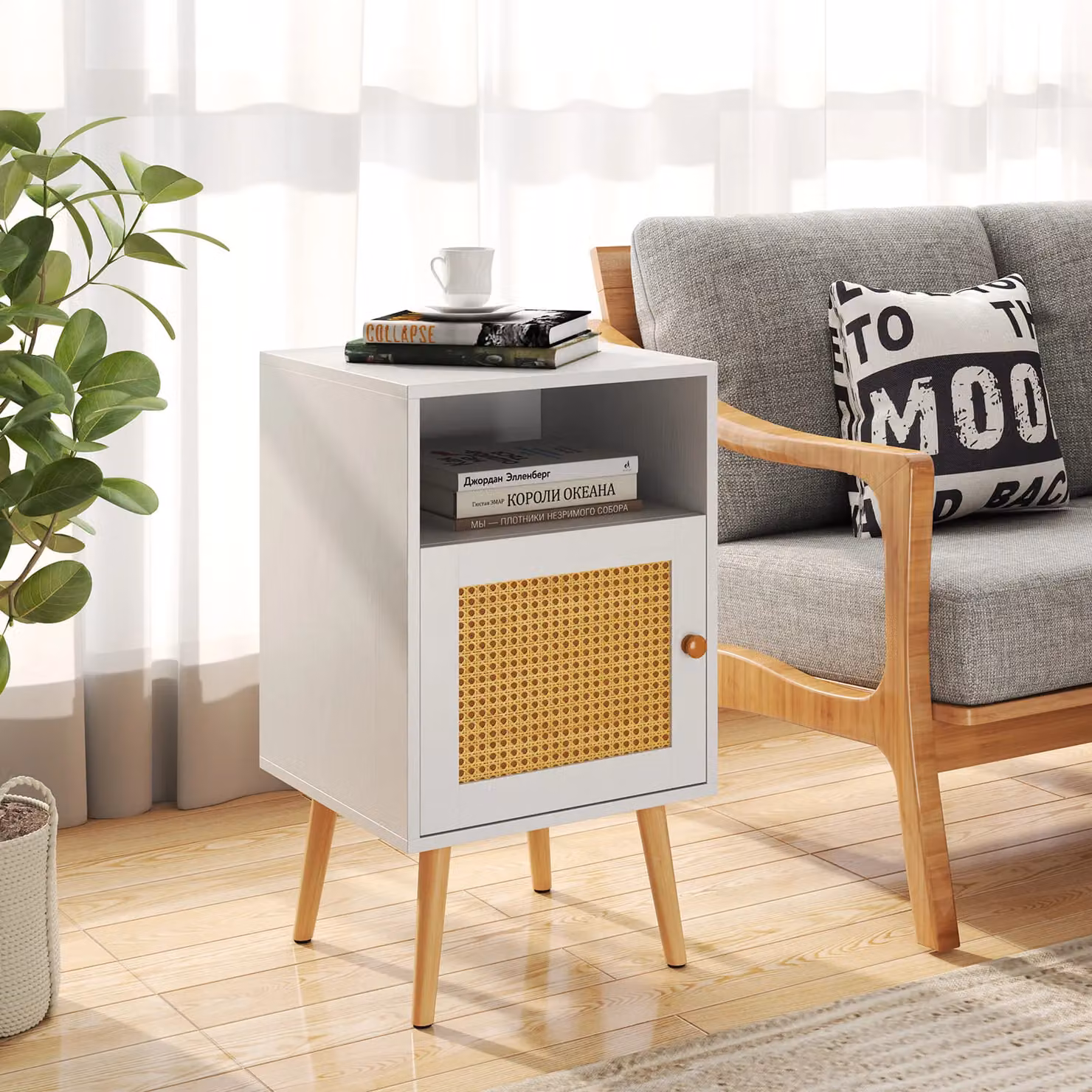 Costway Set of 2 White Rattan Bedside Tables with PE Rattan Decorated Doors – 3