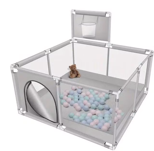Dyzi Large Foldable Baby Playpen with Basketball Hoop, Grey, W/D/H: 126 x 126 x 66 cm