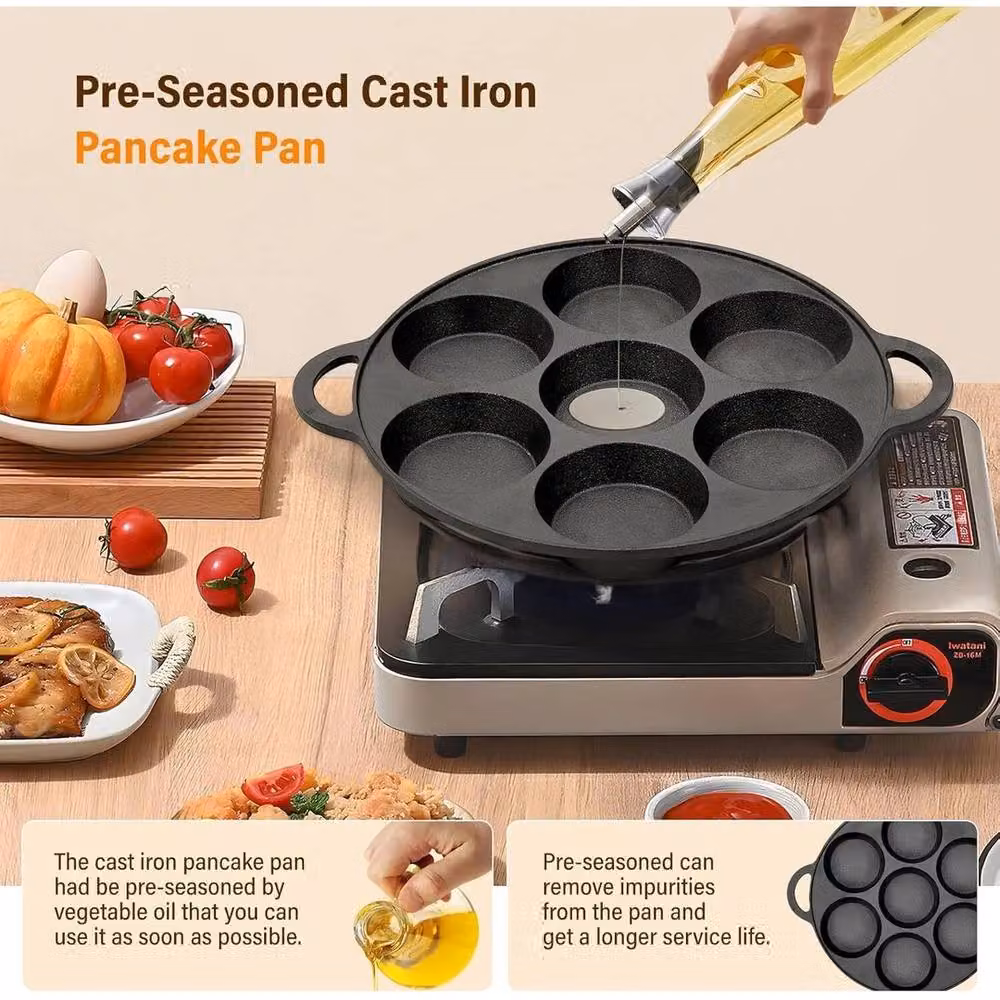 FORGEVIO Black Cast Iron 7-Hole Pancake and Crepe Pan, 27 cm – 5