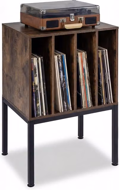 COSTWAY Brown Industrial Record Player Stand and Storage Table with Media Compartments