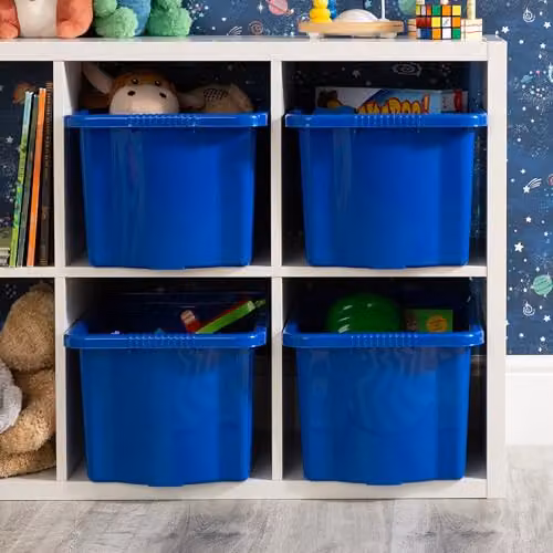 Wham Stack & Store 4 x 24L Plastic Storage Boxes in Blue, Stackable and Nestable with Integrated Handles – 1