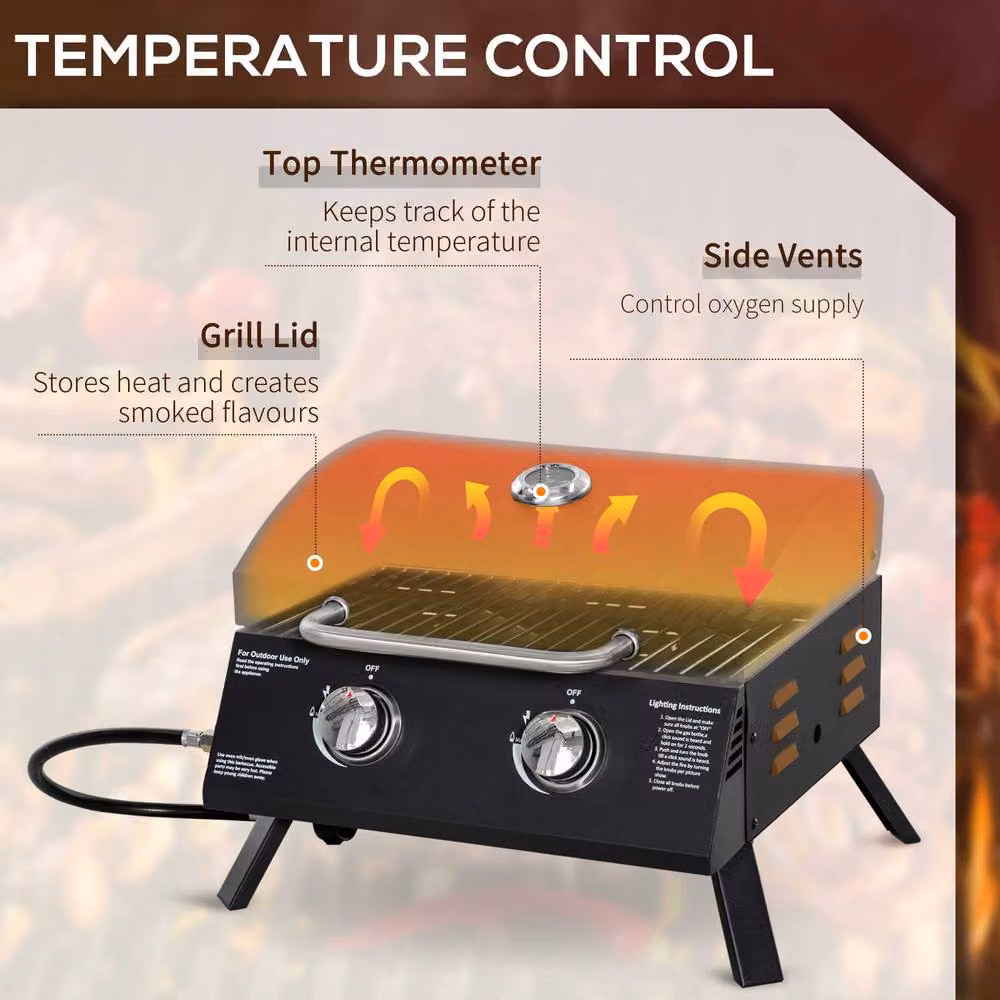 Outsunny Portable Tabletop 2 Burner Gas BBQ Grill with Thermometer, 5.8 kW, Black, W/D/H: 55.0 x 41.0 x 46.5 cm – 4