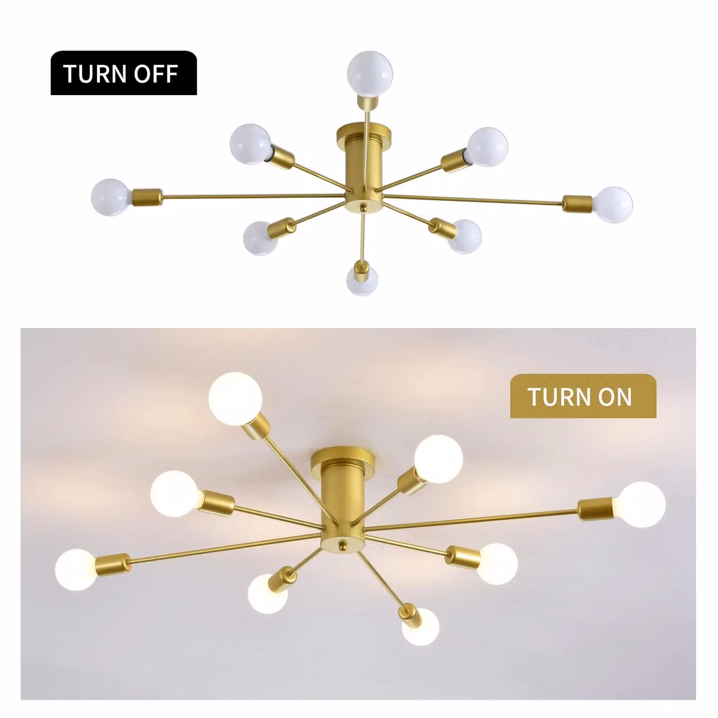 Garwarm 8-Light Gold Sputnik Semi Flush Mount Ceiling Pendant Light in Brass and Metal – 2
