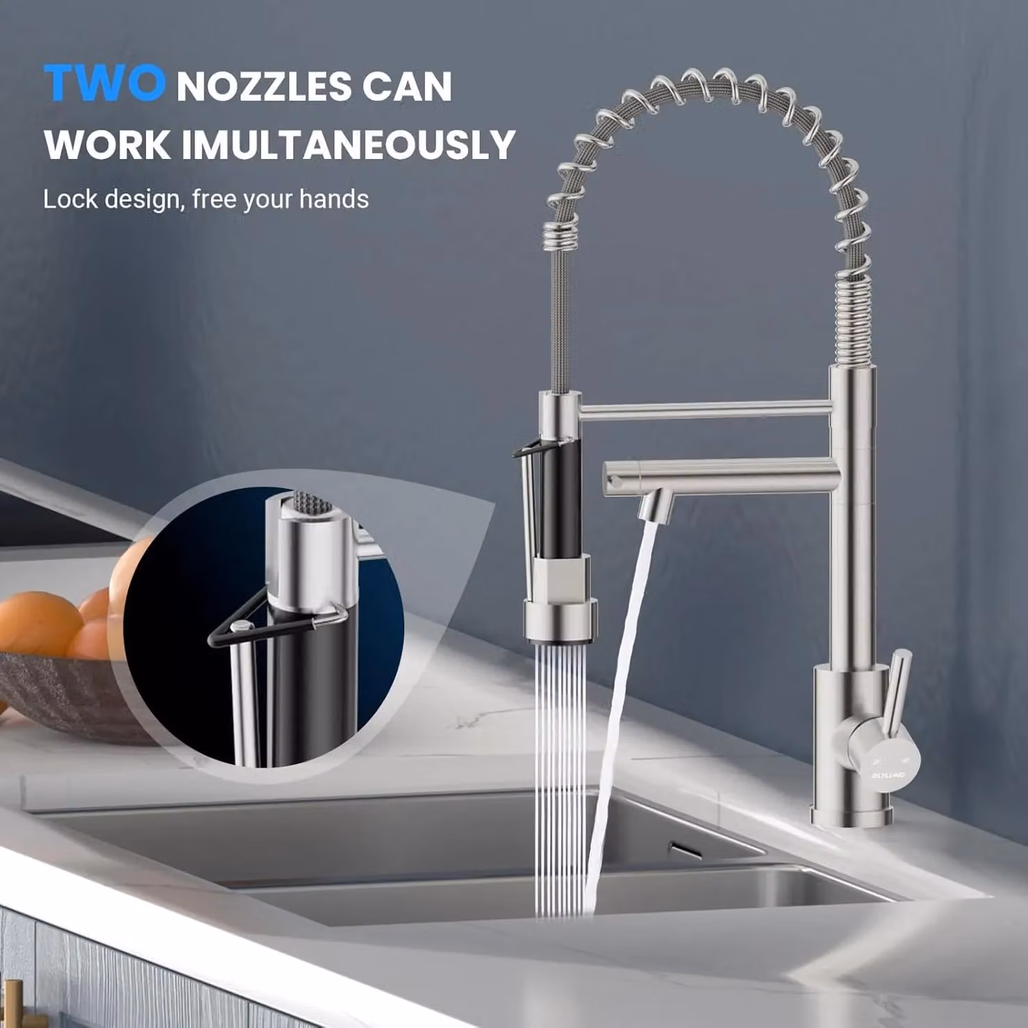 Blylund Kitchen Sink Mixer Tap with Two Spouts and Pull Out Sprayer in Brushed Silver Stainless Steel – 5