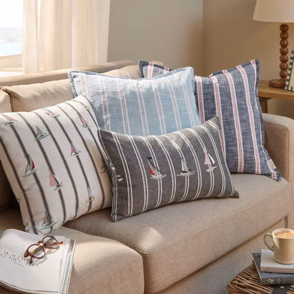 Wylder Abersoch Regatta Nautical Striped Cotton Cushion in Beige and Multicolour, W/D/H: 45 x 45 x 45 cm – 3