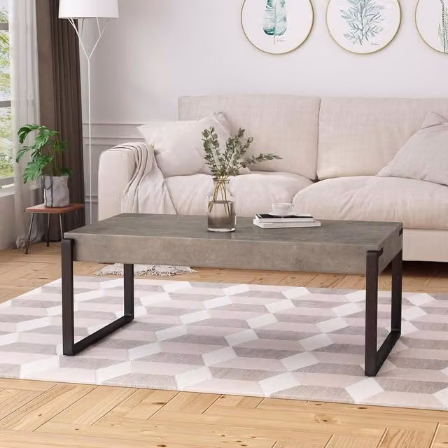 FWStyle Industrial Rectangular Large Coffee Table with Concrete Effect Top and Black Metal Frame