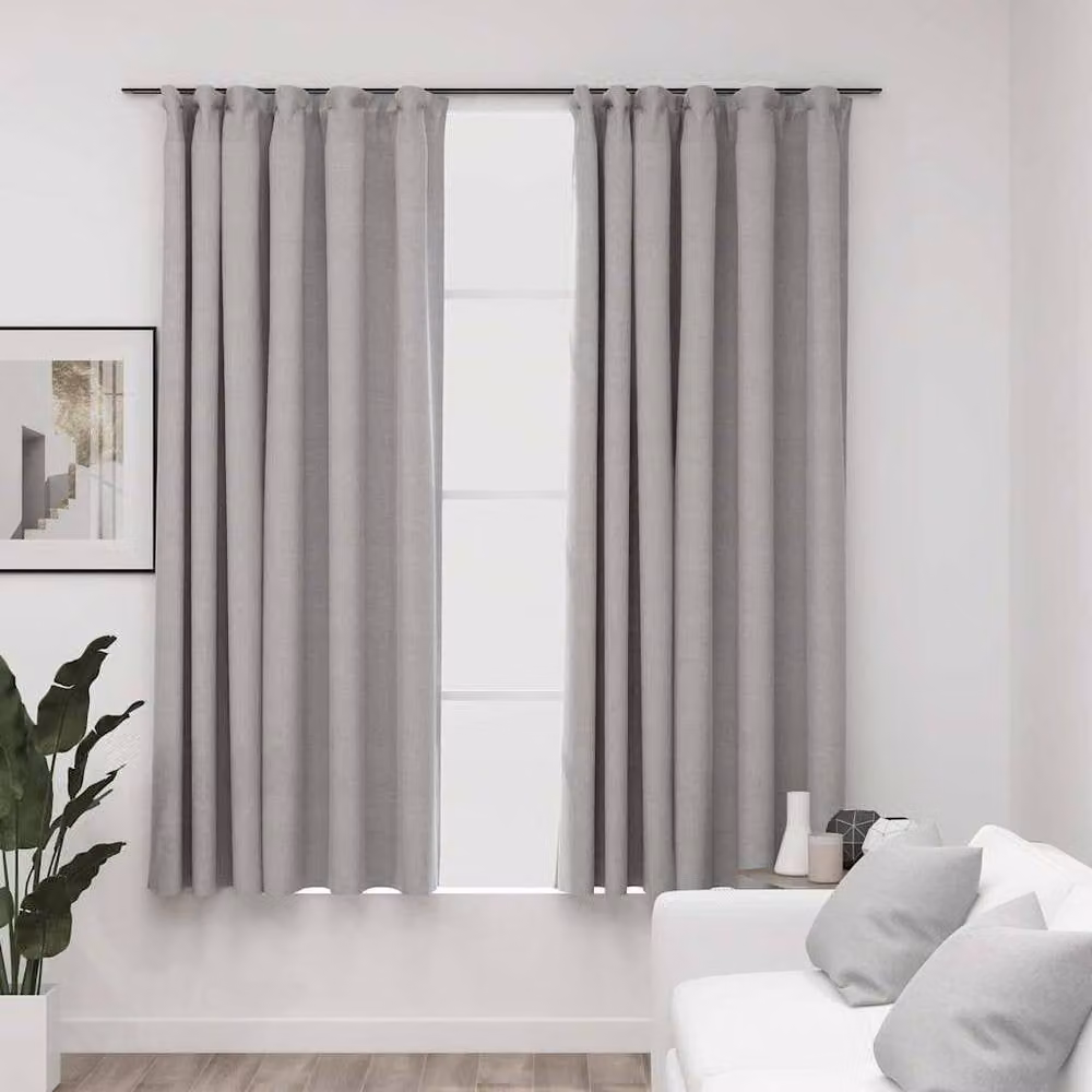 Berkfield Grey Linen-Look Blackout Curtains with Hooks, 2 Pack, W: 140 cm, H: 175 cm