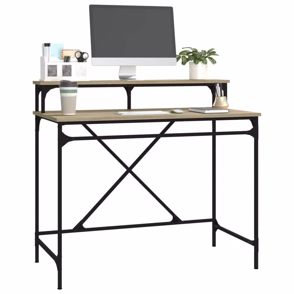 Berkfield Sonoma Oak Computer Desk in Beige with Metal X-Frame, W/D/H: 100 x 50 x 90 cm – 3