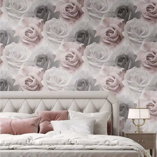 Muriva Botanical Floral Rose Bloom Wall Mural Feature Wallpaper in Pink, Grey and White