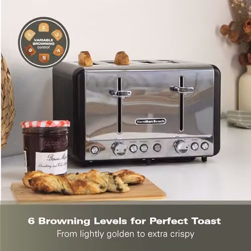 Hamilton Beach Harmony 4 Slice Toaster, 1850W, Espresso Black and Silver Stainless Steel with 6 Browning Controls, Defrost, Reheat and Cancel Settings, Removable Crumb Tray and High Lift Eject, HBT018B – 4