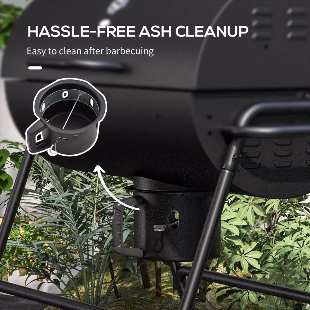 VOGREX Black Steel Barrel Charcoal Barbecue BBQ Grill Trolley with Thermometer, Warming Rack and Wheels – 3