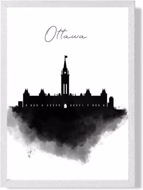 ARTZE Ottawa Watercolour Skyline City Framed Print, Black and White, A4 – 1