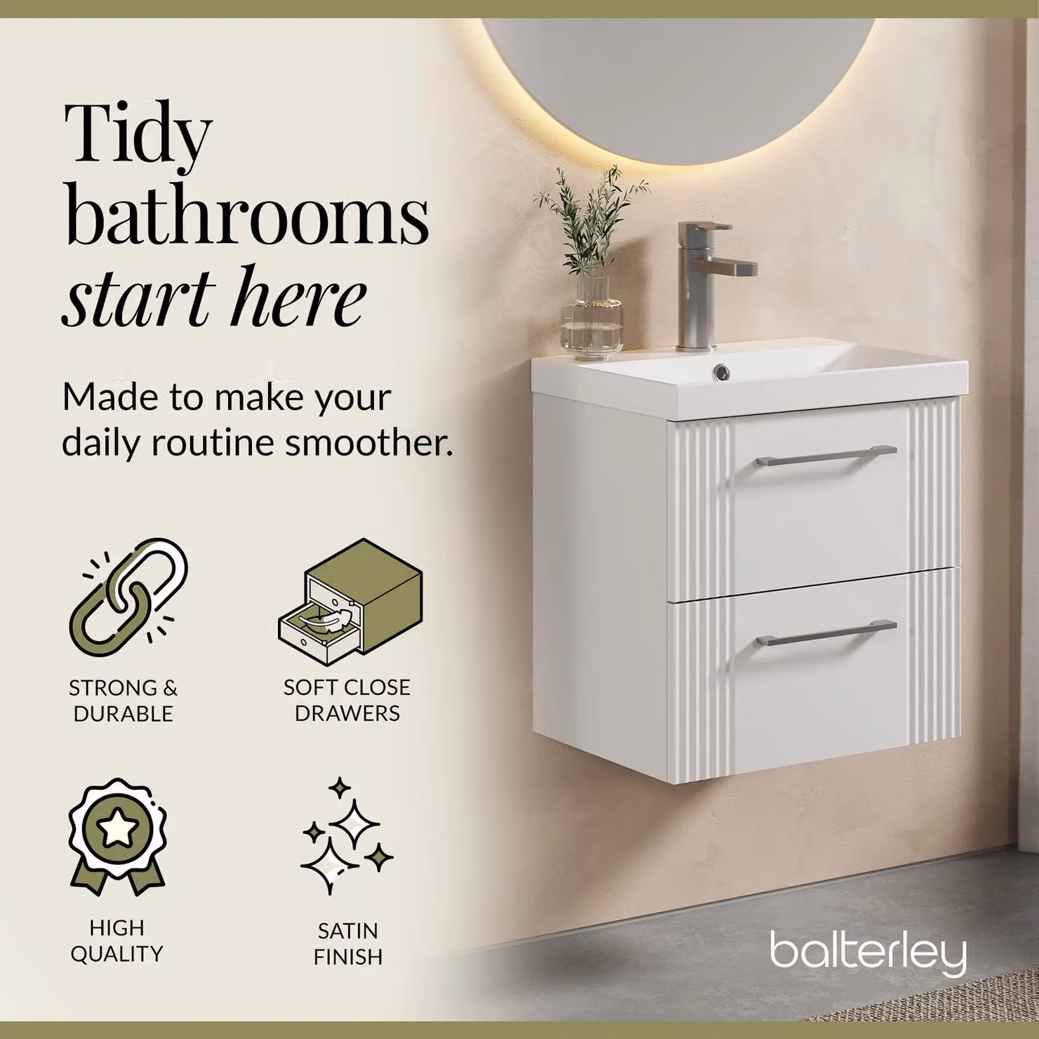 Balterley Wall Hung 2 Drawer Vanity Unit with Thin-Edge Vitreous China Basin, Satin White, Width: 50 cm – 2