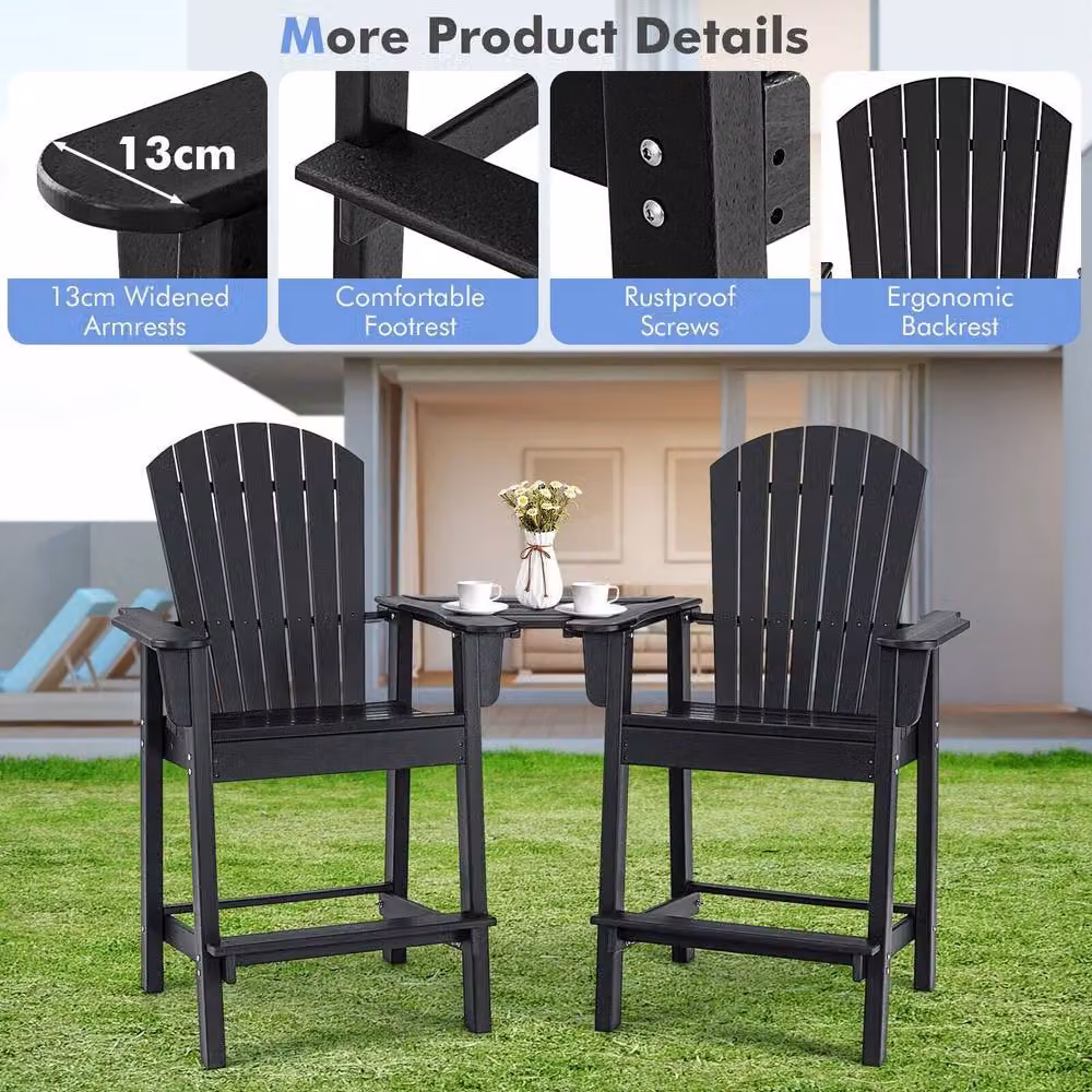 Gymax Adirondack Chair Set with Middle Connecting Tray in Black – 6