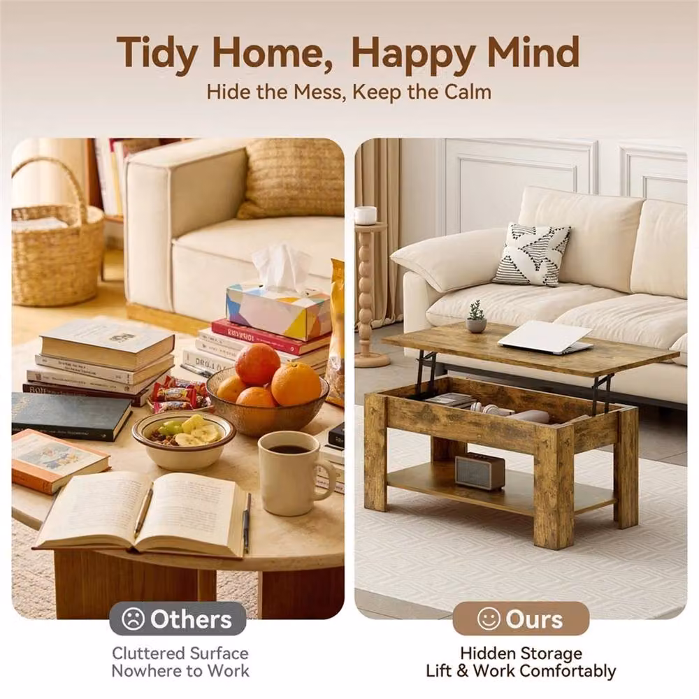 Nordara Brown Wooden Rectangular Coffee Table with Lift Up Top and Hidden Storage Shelf – 3