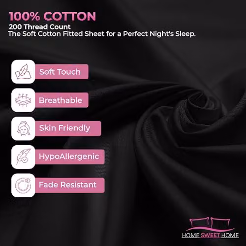 Snug City Luxury 200 Thread Count Cotton Fitted Sheet, Black, Double, W/D/H: 140 x 200 x 30 cm – 5