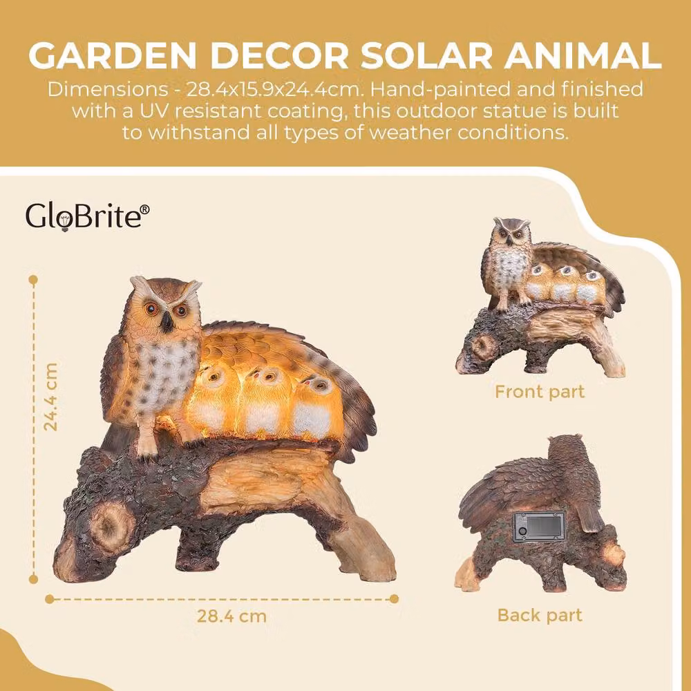 Globrite Solar Owl Family Resin Statue with LED Light, Brown and Multicolour Outdoor Garden Ornament – 5