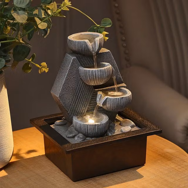 Livingandhome Grey Resin Indoor Water Fountain Bowl Statue with Warm LED Light, Height: 17.5 cm