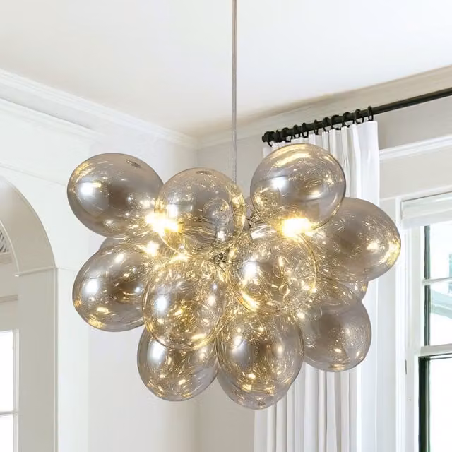 Garwarm Modern 3 Light Dimmable Glass Globe Chandelier in Yellow and Transparent with Chrome Finish, H 120 x W 38 x D 38 cm